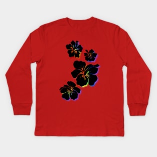 Hibiscus black with rainbow accents Kids Long Sleeve T-Shirt